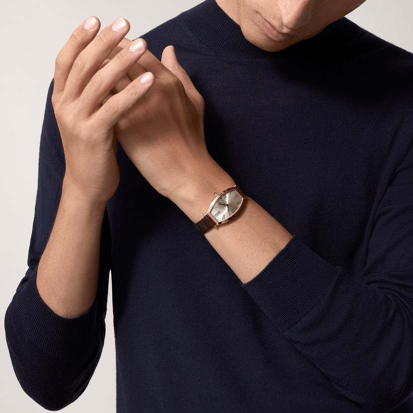 Orologio Tonneau Modello grande movimento meccanico a carica manuale pelle oro rosa - immagine 7